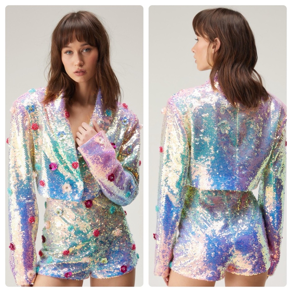 Nasty Gal Premium Floral Embellished Pink Iridescent Sequin Cropped Blazer 12